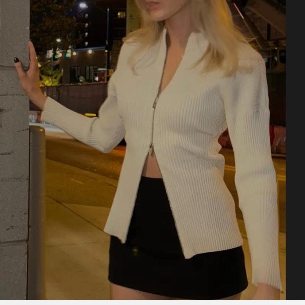 A.L.C Cream Ribbed 2-Way Zip-Front Knit Cardigan